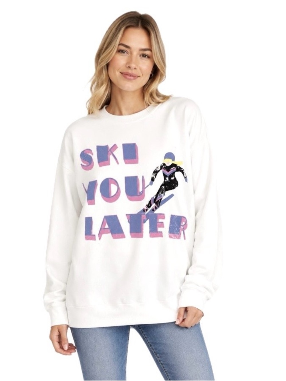 Vici White Pullover Sweatshirt with Pink & Purple Ski Graphic